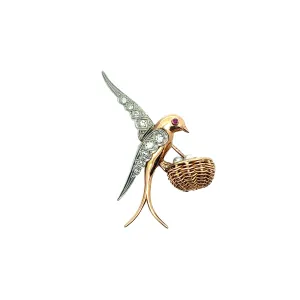 18k Rose Gold and Platinum .50ct F VS2 Round Diamond/Fresh Water White Pearl  Bird Vintage Pendant/Brooch