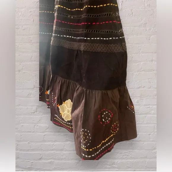 Anthropologie Raga Embroidered Floral Corduroy Maxi Skirt Brown Sz XS Boho Fall