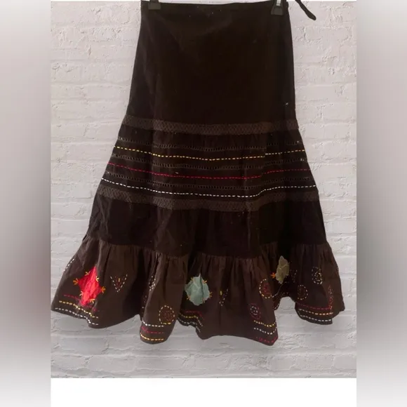 Anthropologie Raga Embroidered Floral Corduroy Maxi Skirt Brown Sz XS Boho Fall