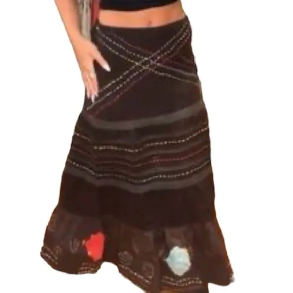 Anthropologie Raga Embroidered Floral Corduroy Maxi Skirt Brown Sz XS Boho Fall