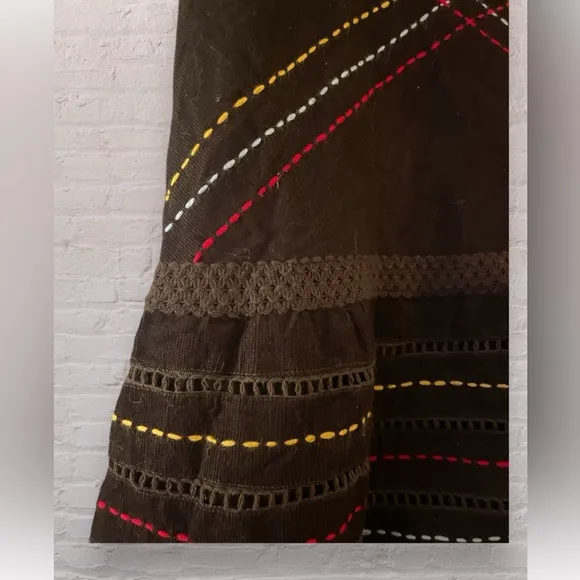 Anthropologie Raga Embroidered Floral Corduroy Maxi Skirt Brown Sz XS Boho Fall