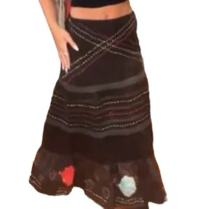 Anthropologie Raga Embroidered Floral Corduroy Maxi Skirt Brown Sz XS Boho Fall