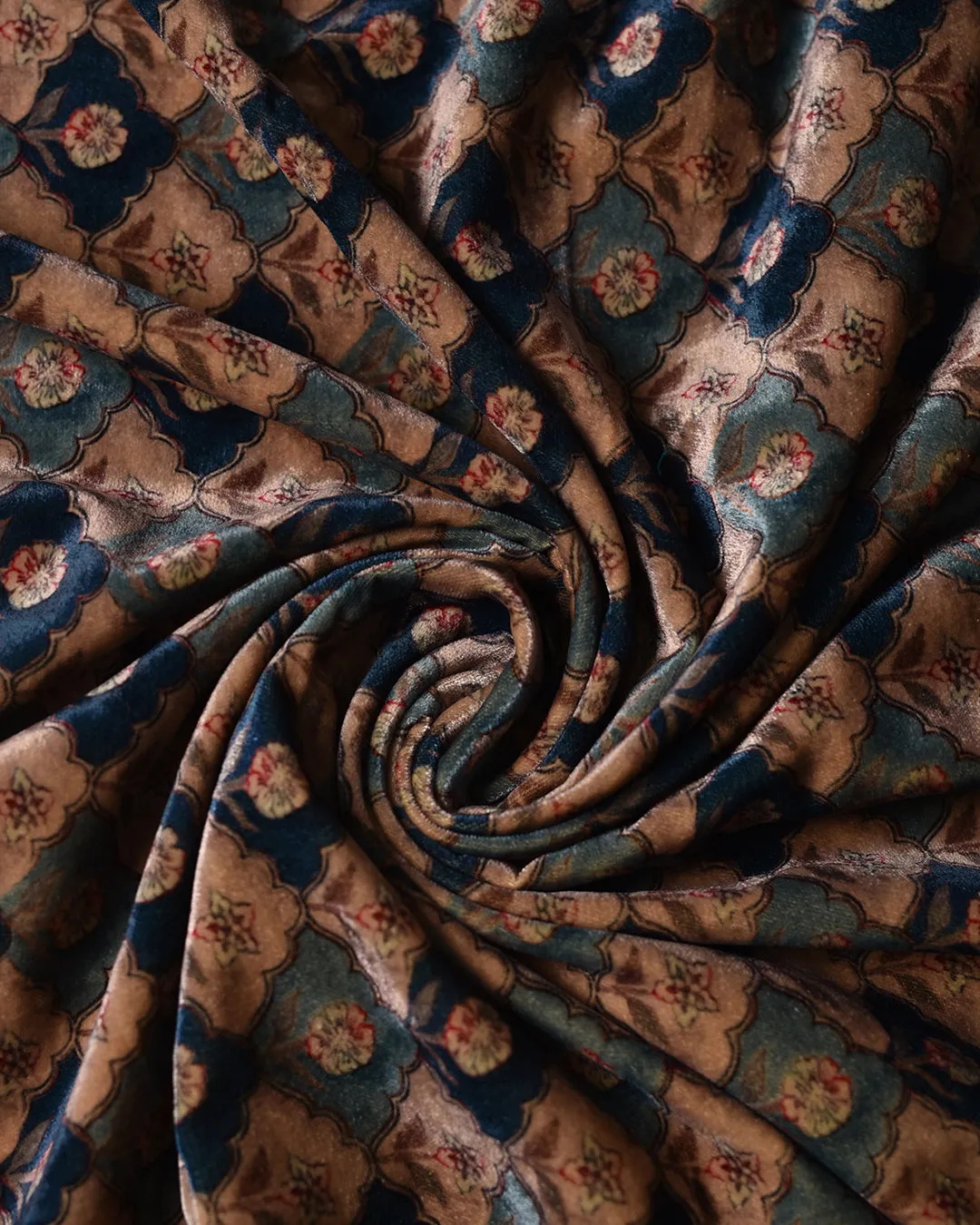 Beige With Blue Velvet Digital Printed Unstitched Co-ord Set Fabric