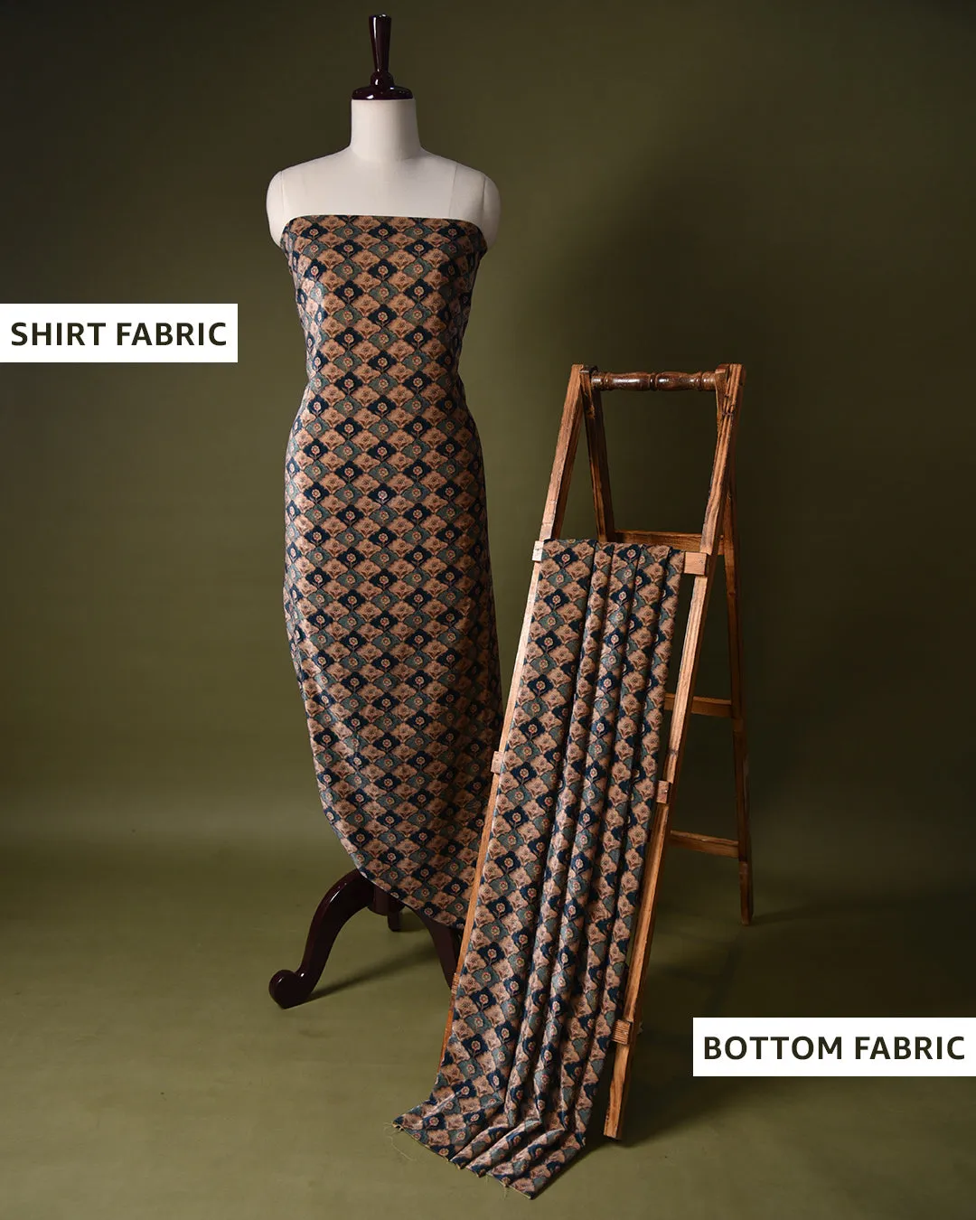 Beige With Blue Velvet Digital Printed Unstitched Co-ord Set Fabric
