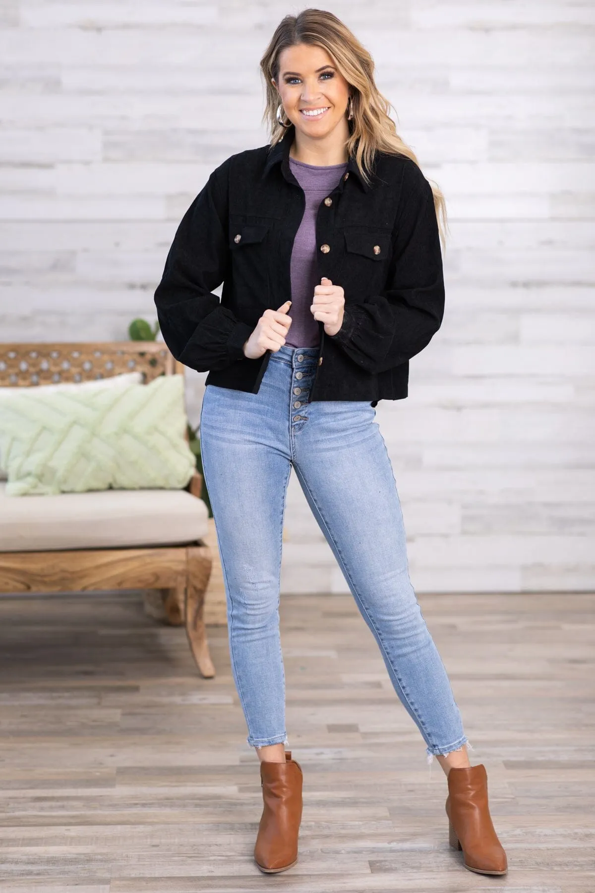 Black Corduroy Balloon Sleeve Jacket
