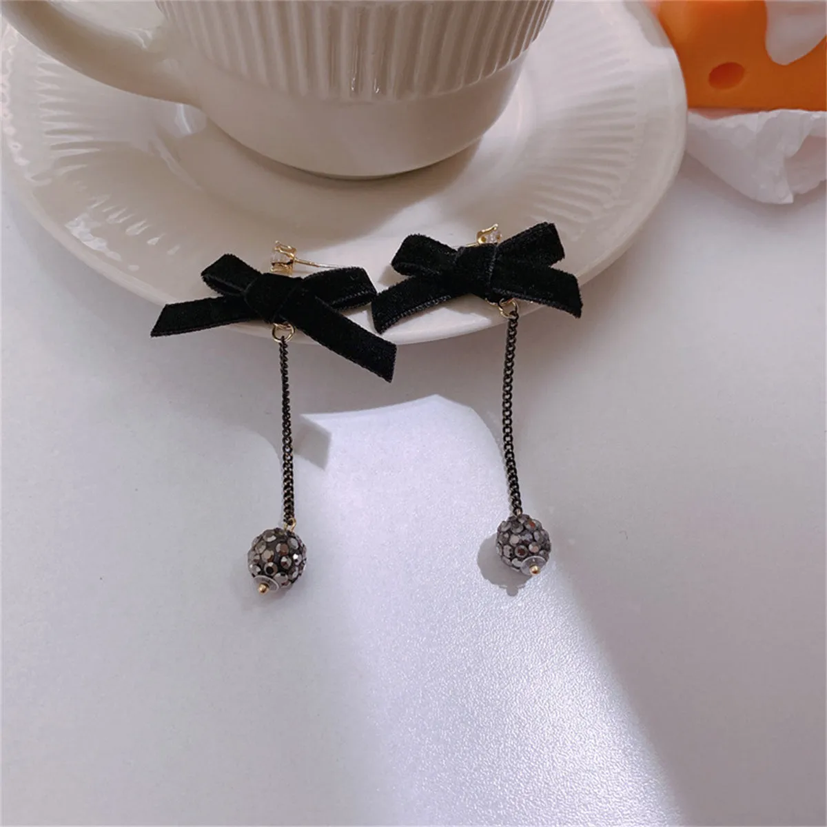 Black Velvet & Cubic Zirconia Bow Drop Earrings