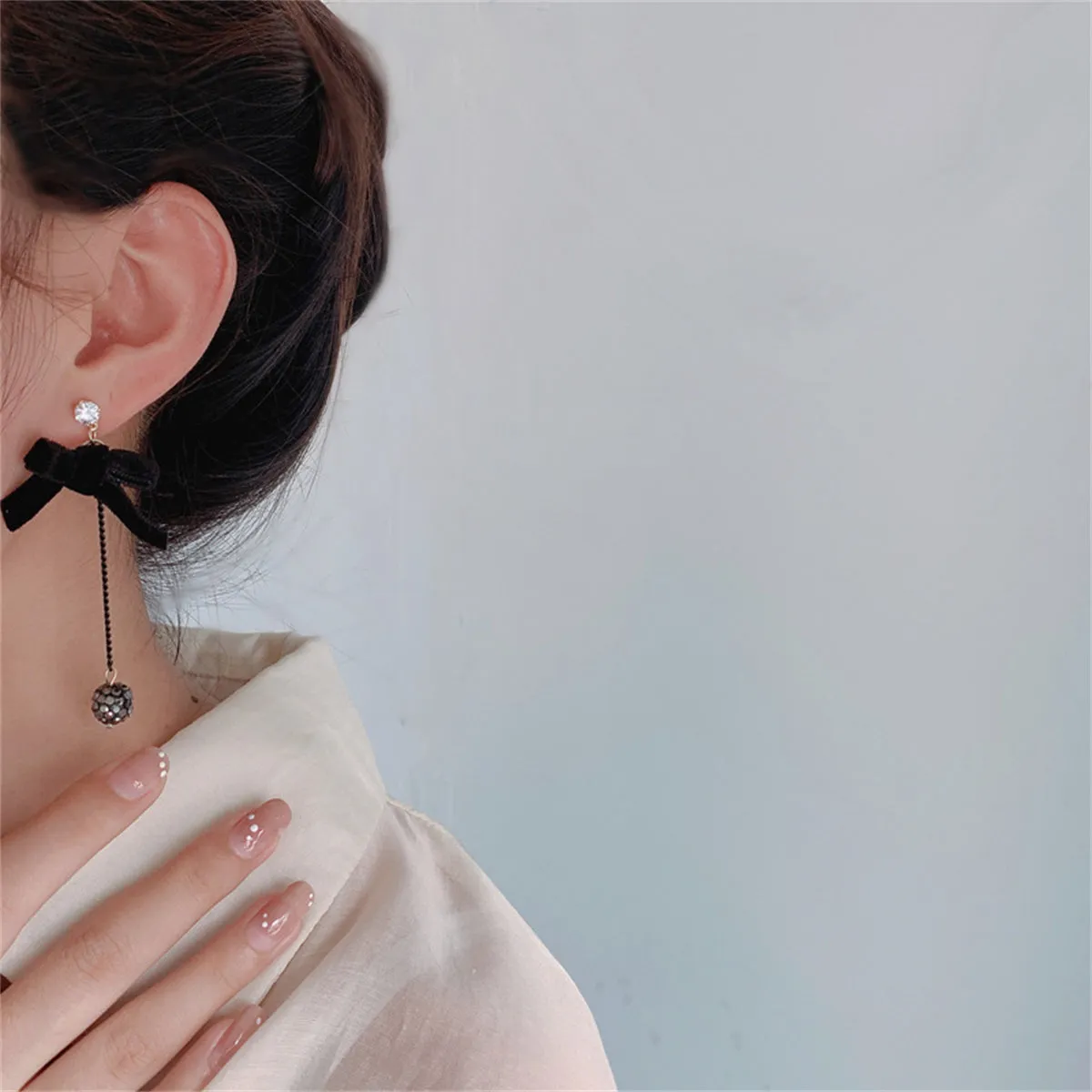 Black Velvet & Cubic Zirconia Bow Drop Earrings