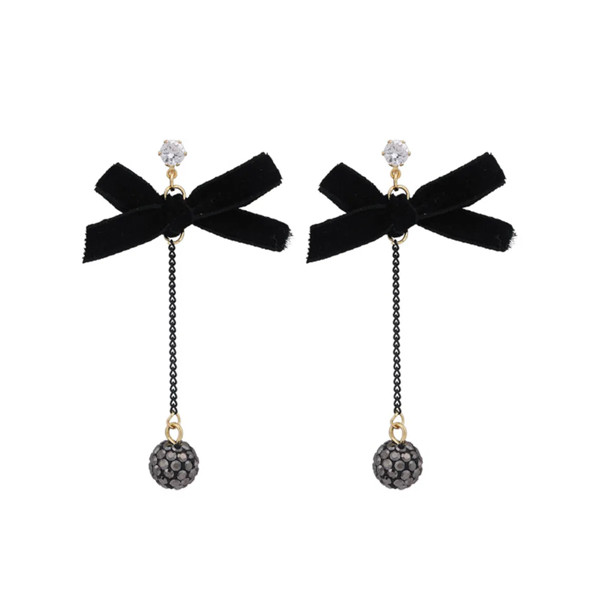Black Velvet & Cubic Zirconia Bow Drop Earrings
