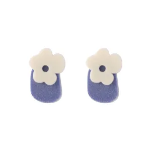 Blue & White Velvet Floral Geometric Stud Earrings