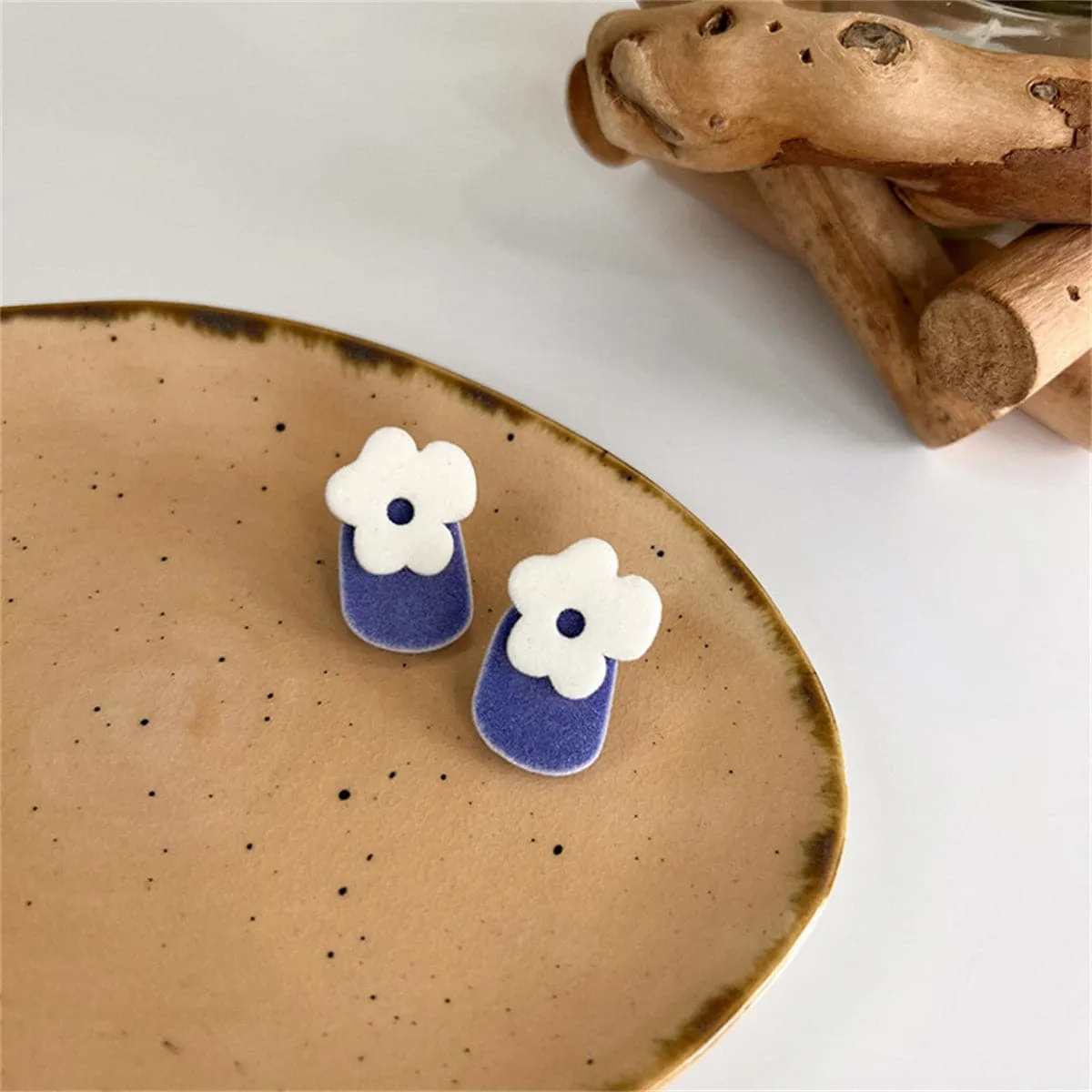 Blue & White Velvet Floral Geometric Stud Earrings