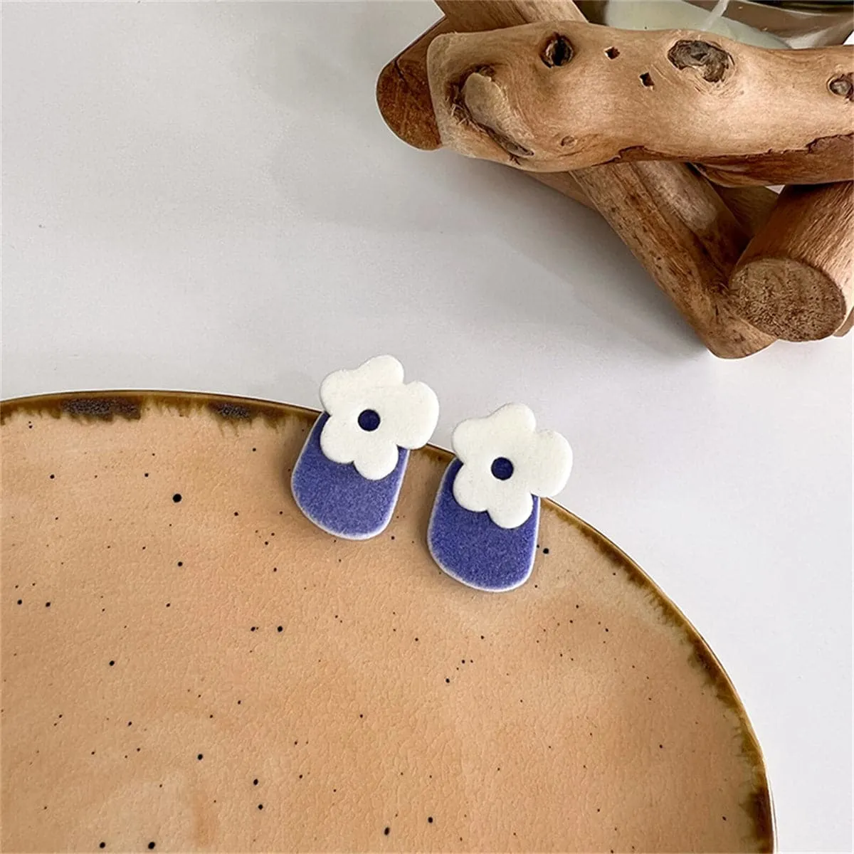 Blue & White Velvet Floral Geometric Stud Earrings