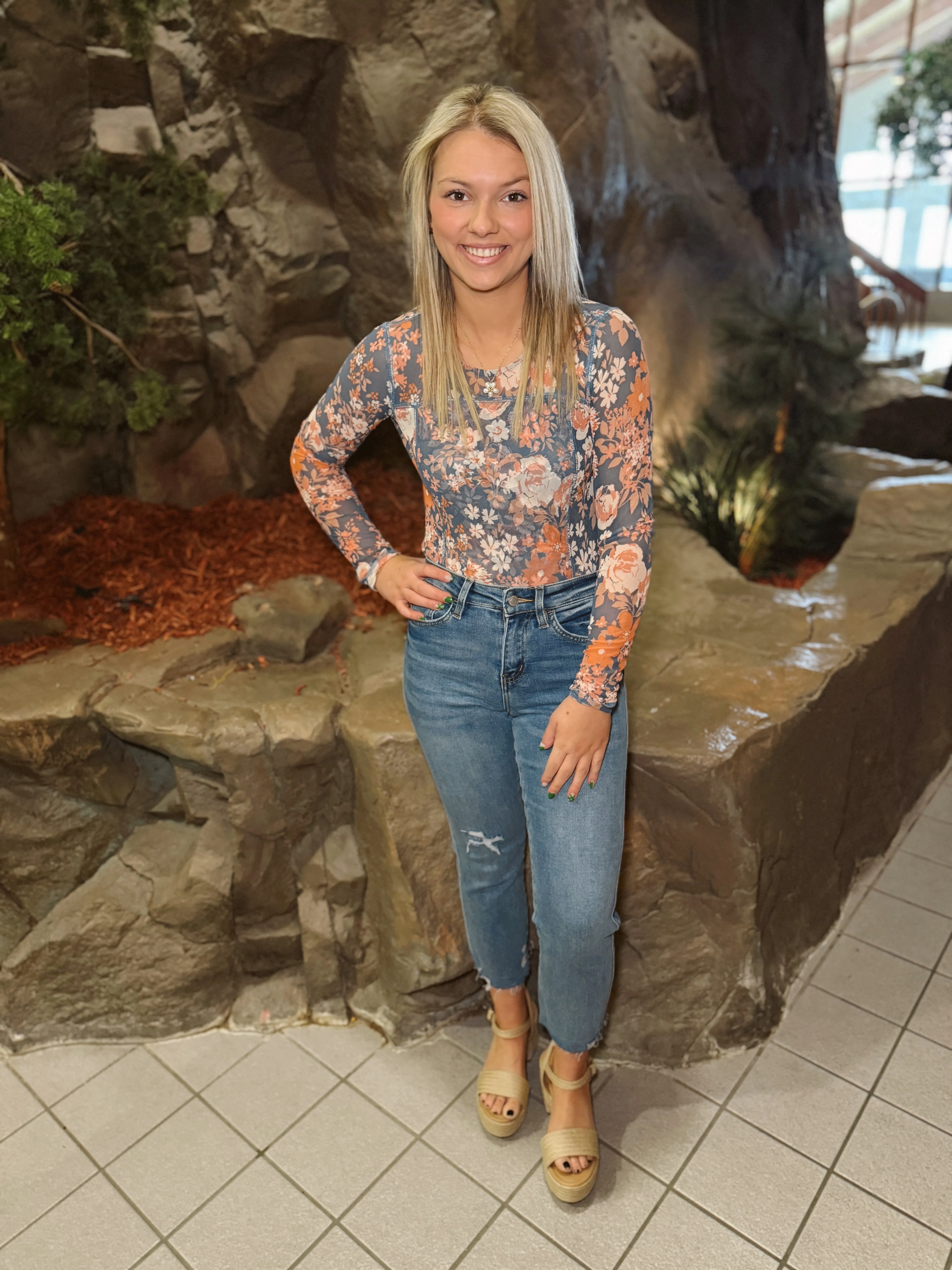 Blue Mix Floral Mesh Long Sleeve Top