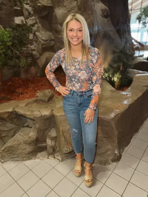 Blue Mix Floral Mesh Long Sleeve Top