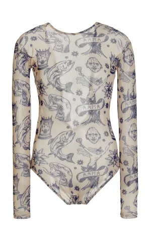 Bodysuit with Open Back Tattoo Print