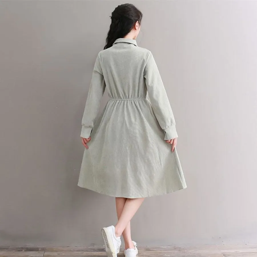 Bow Tie Button Corduroy Shirt One-Piece Dress J10003