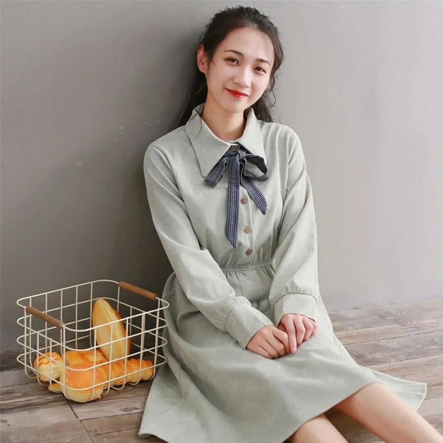 Bow Tie Button Corduroy Shirt One-Piece Dress J10003