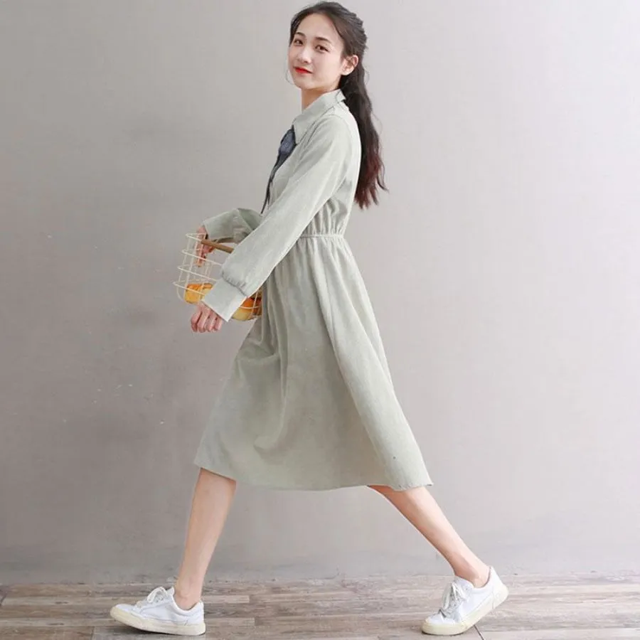 Bow Tie Button Corduroy Shirt One-Piece Dress J10003