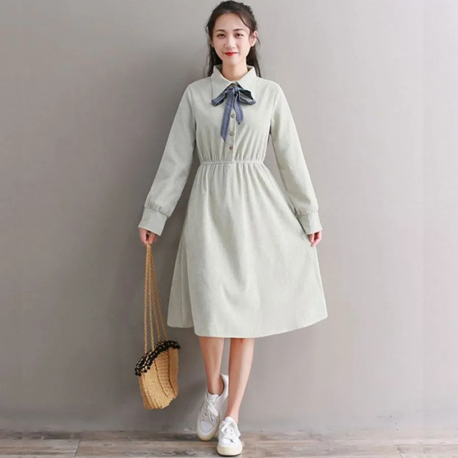 Bow Tie Button Corduroy Shirt One-Piece Dress J10003