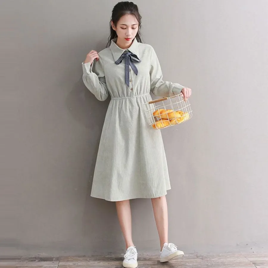 Bow Tie Button Corduroy Shirt One-Piece Dress J10003