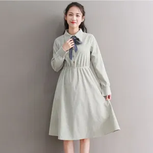 Bow Tie Button Corduroy Shirt One-Piece Dress J10003