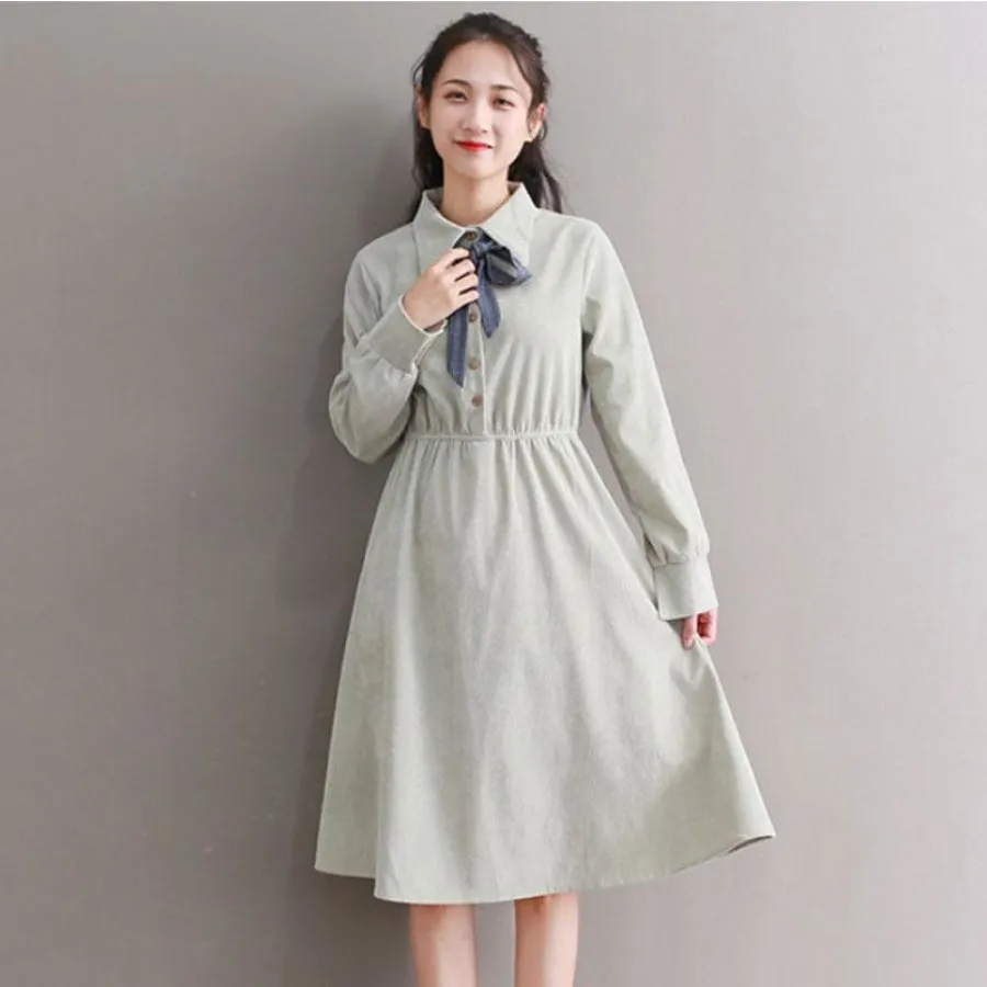 Bow Tie Button Corduroy Shirt One-Piece Dress J10003