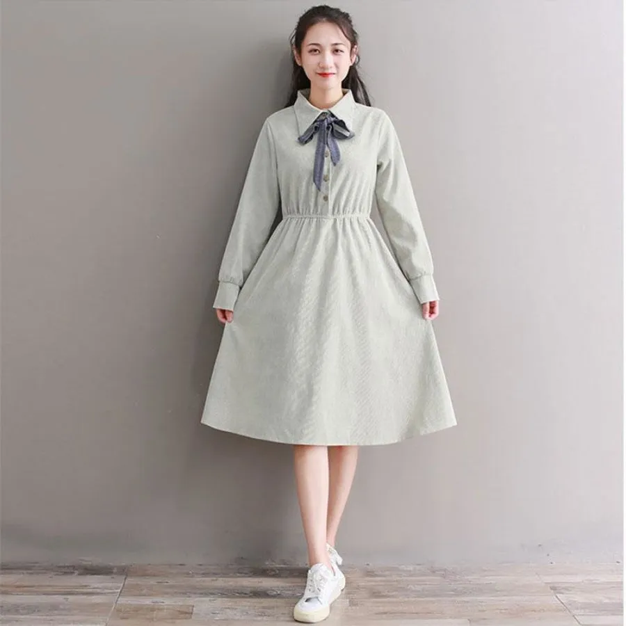Bow Tie Button Corduroy Shirt One-Piece Dress J10003