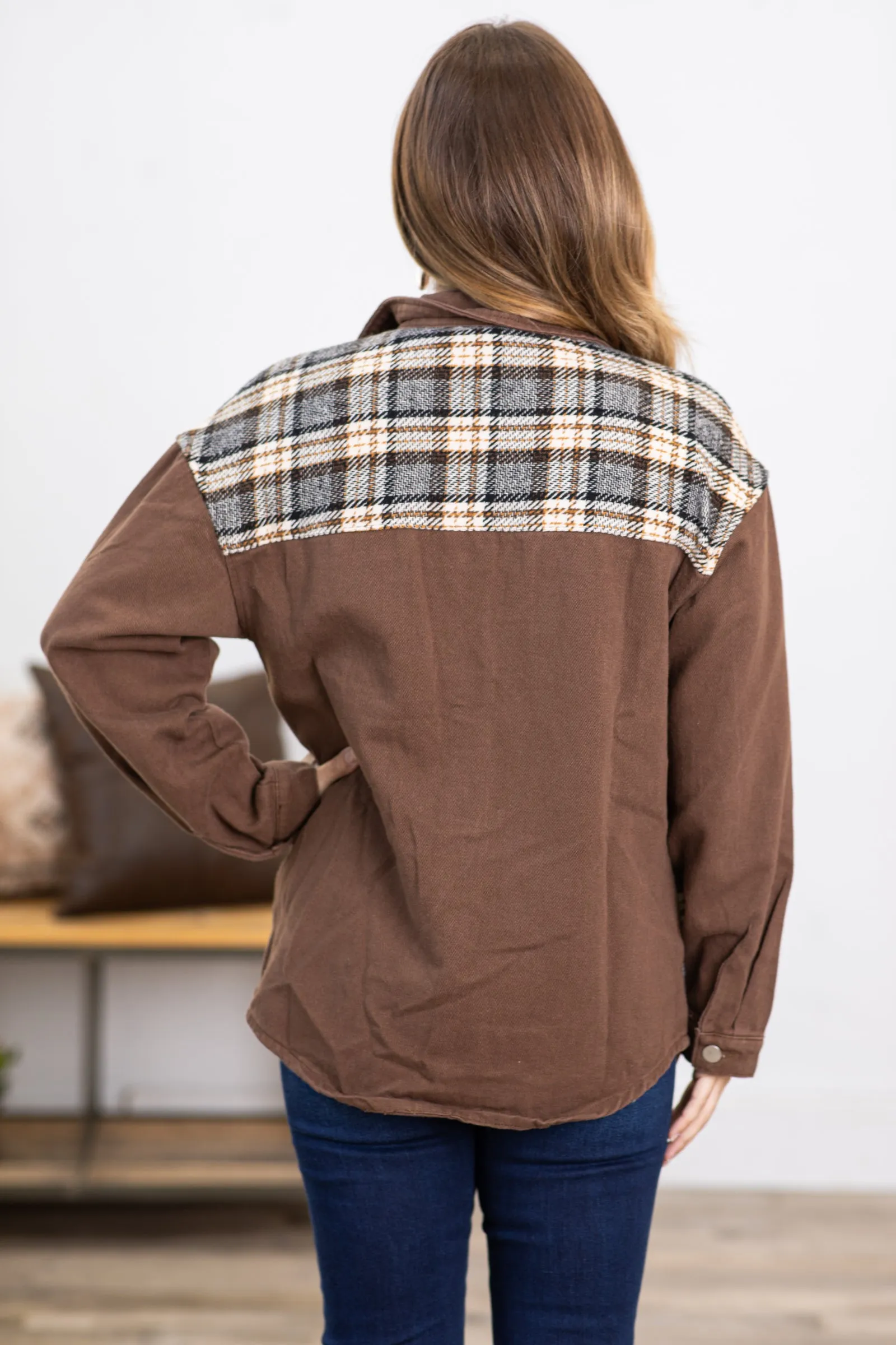 Brown Corduroy Jacket With Plaid Detail
