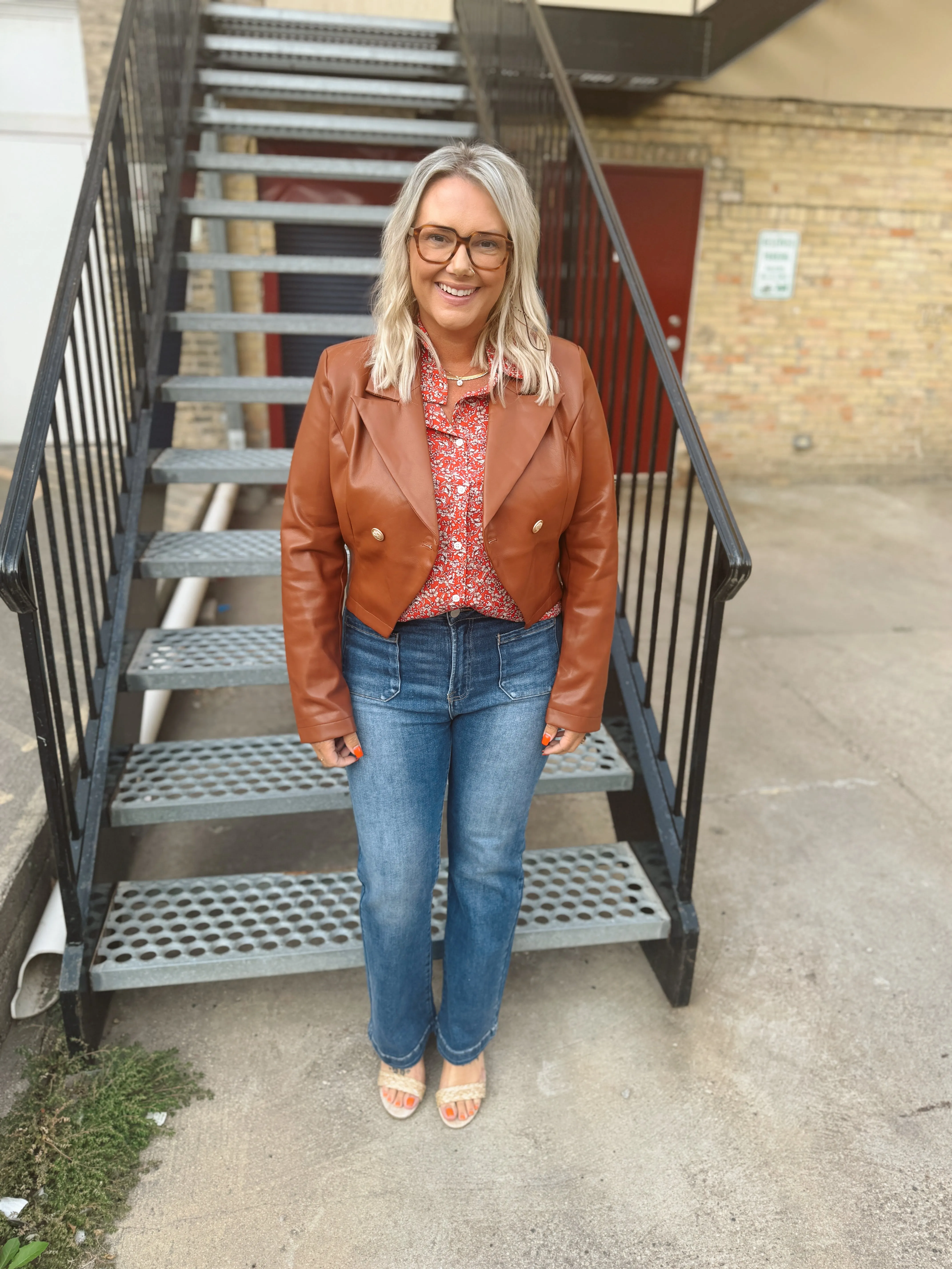 Brown Leather Antique Button Crop Jacket