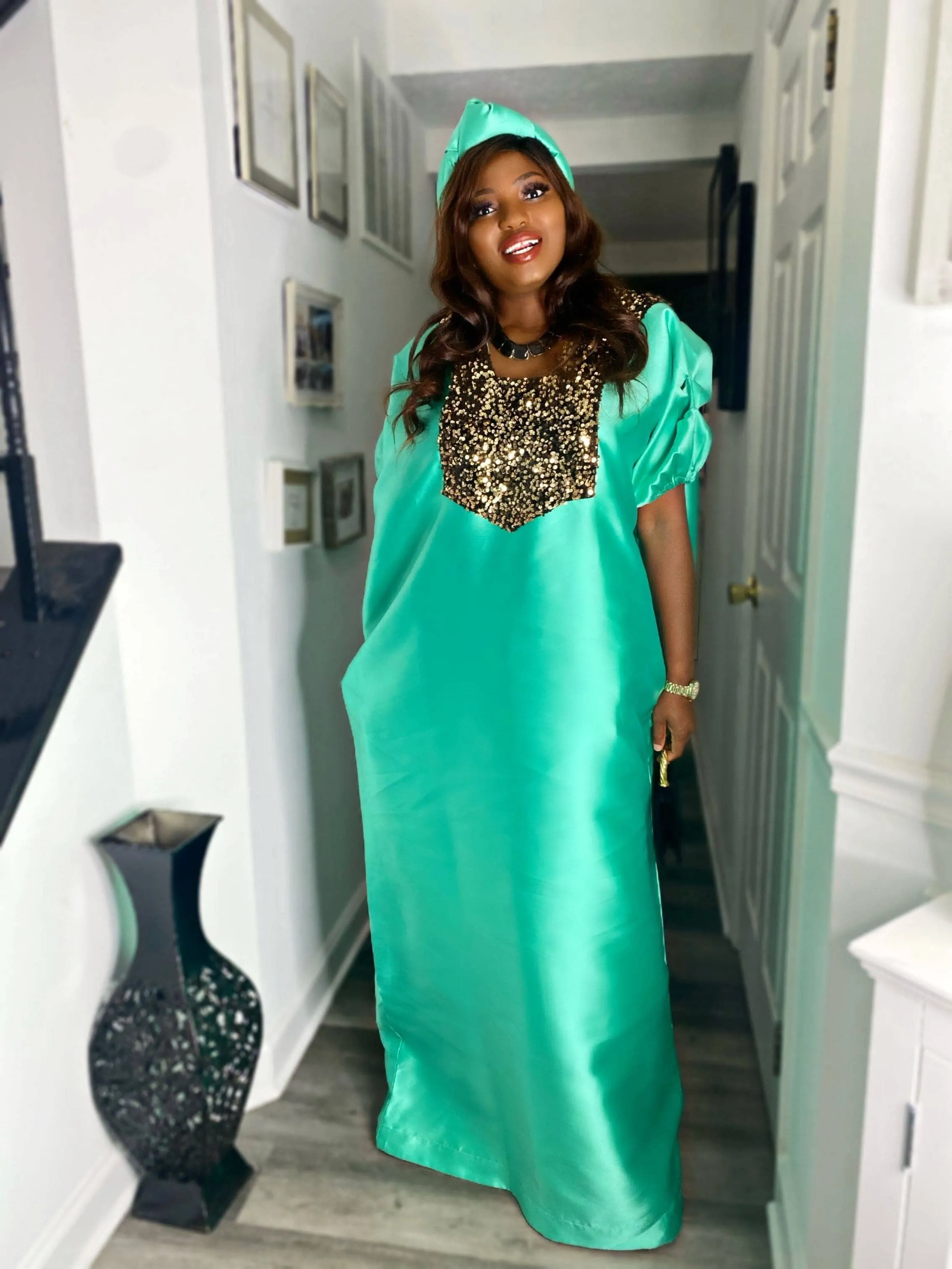 Buga Boubou Kaftan African dress- Mikado Silk fabric (Green)