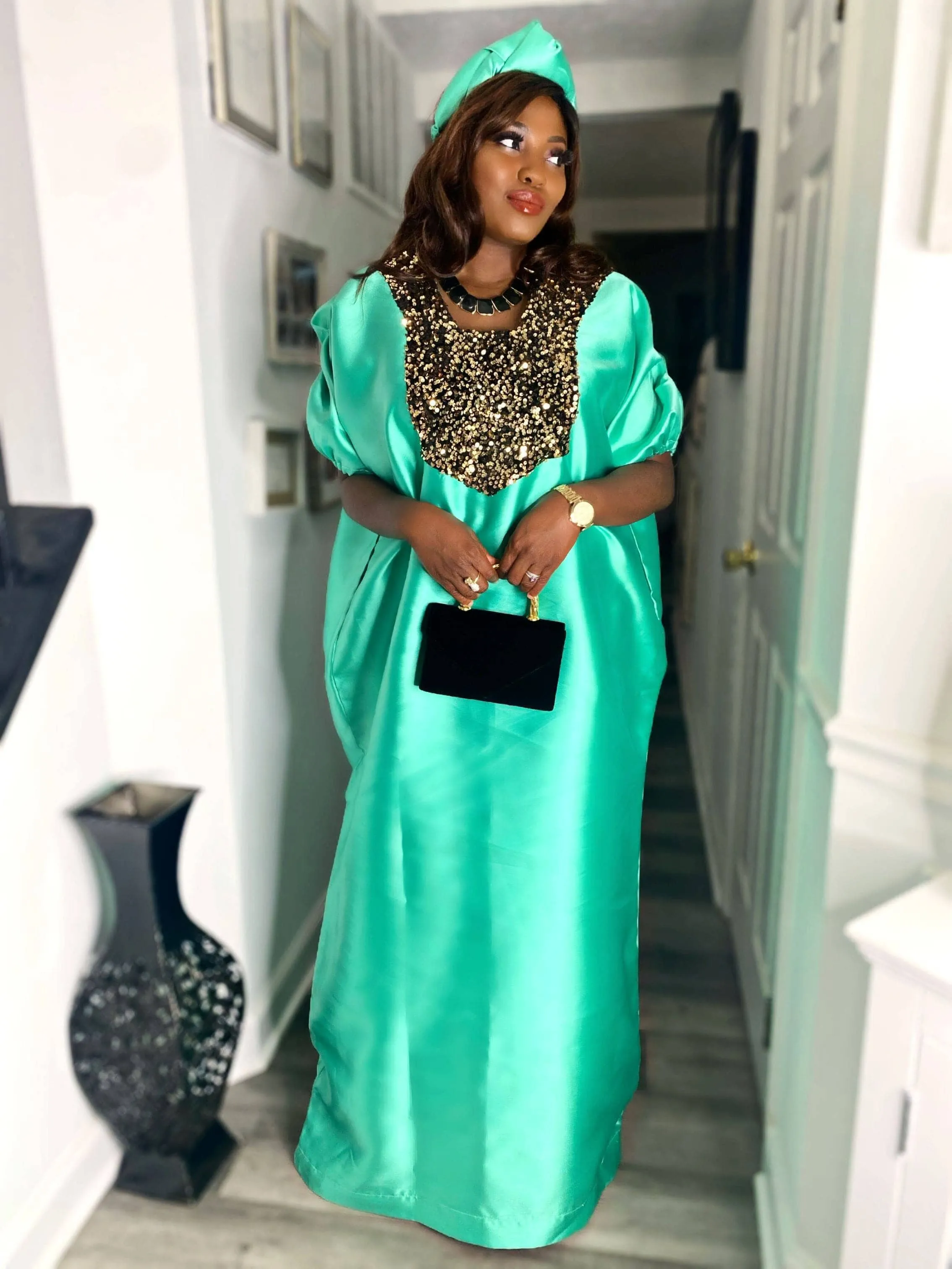 Buga Boubou Kaftan African dress- Mikado Silk fabric (Green)