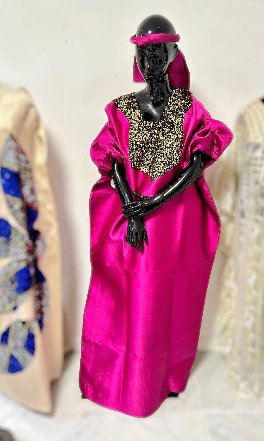 Buga Boubou Kaftan African dress- Mikado Silk fabric (Hot pink)