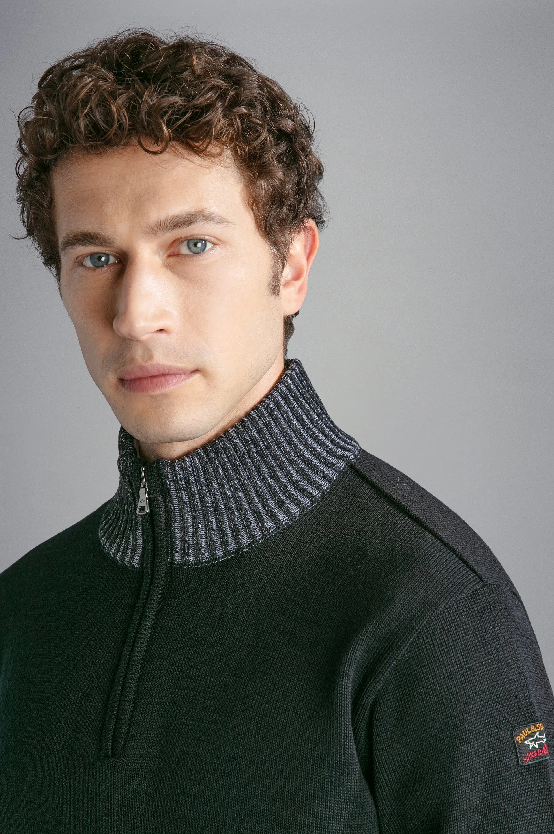 Cool Touch 4.0 Wool Zip Sweater with Contrast Rib in Black