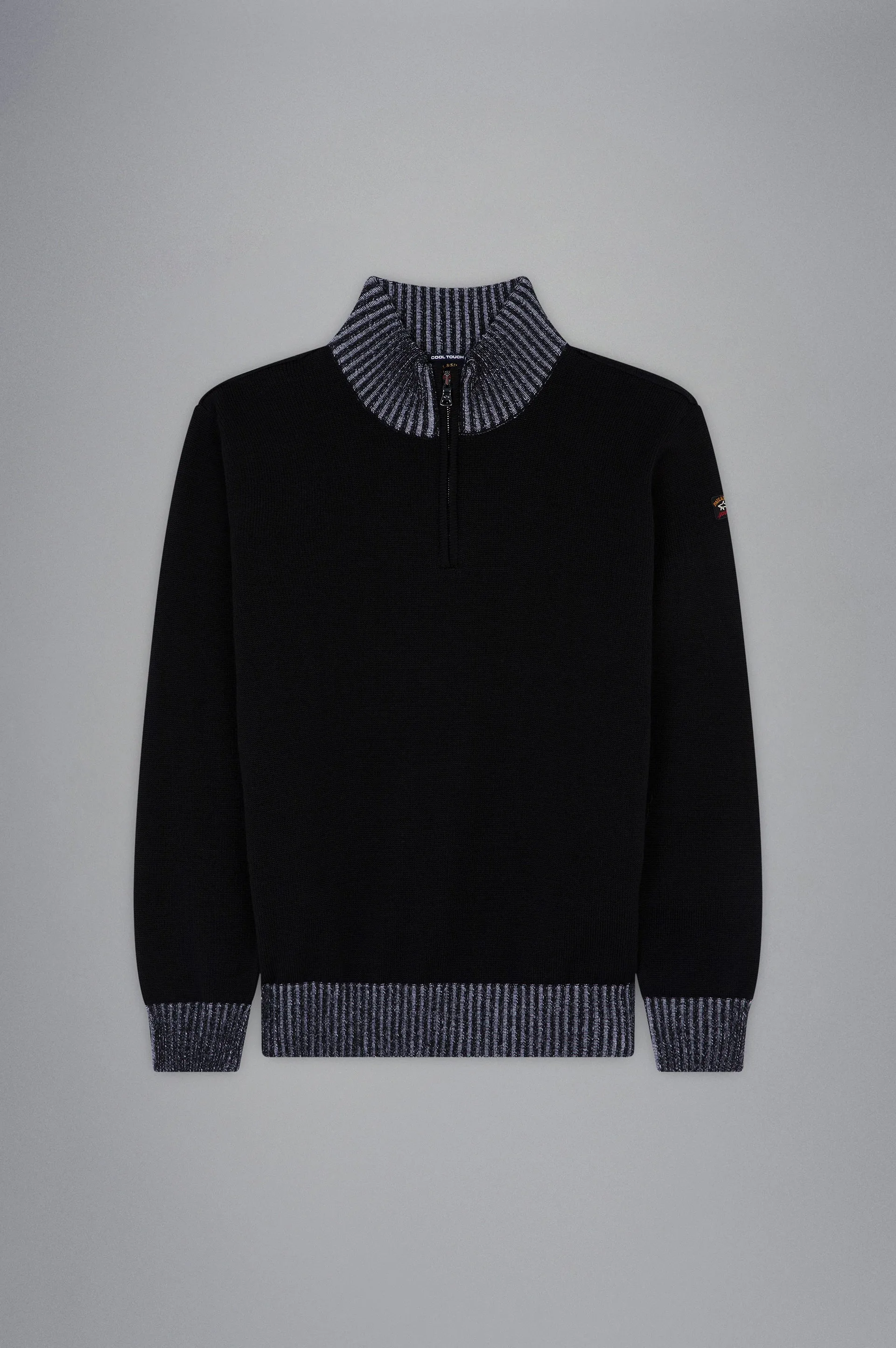 Cool Touch 4.0 Wool Zip Sweater with Contrast Rib in Black