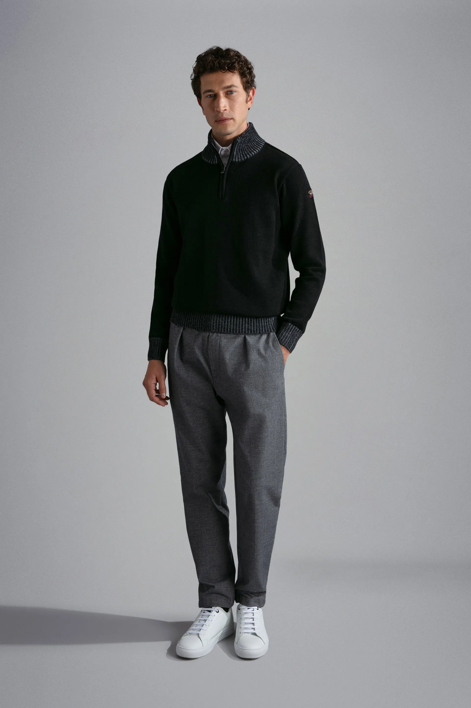 Cool Touch 4.0 Wool Zip Sweater with Contrast Rib in Black