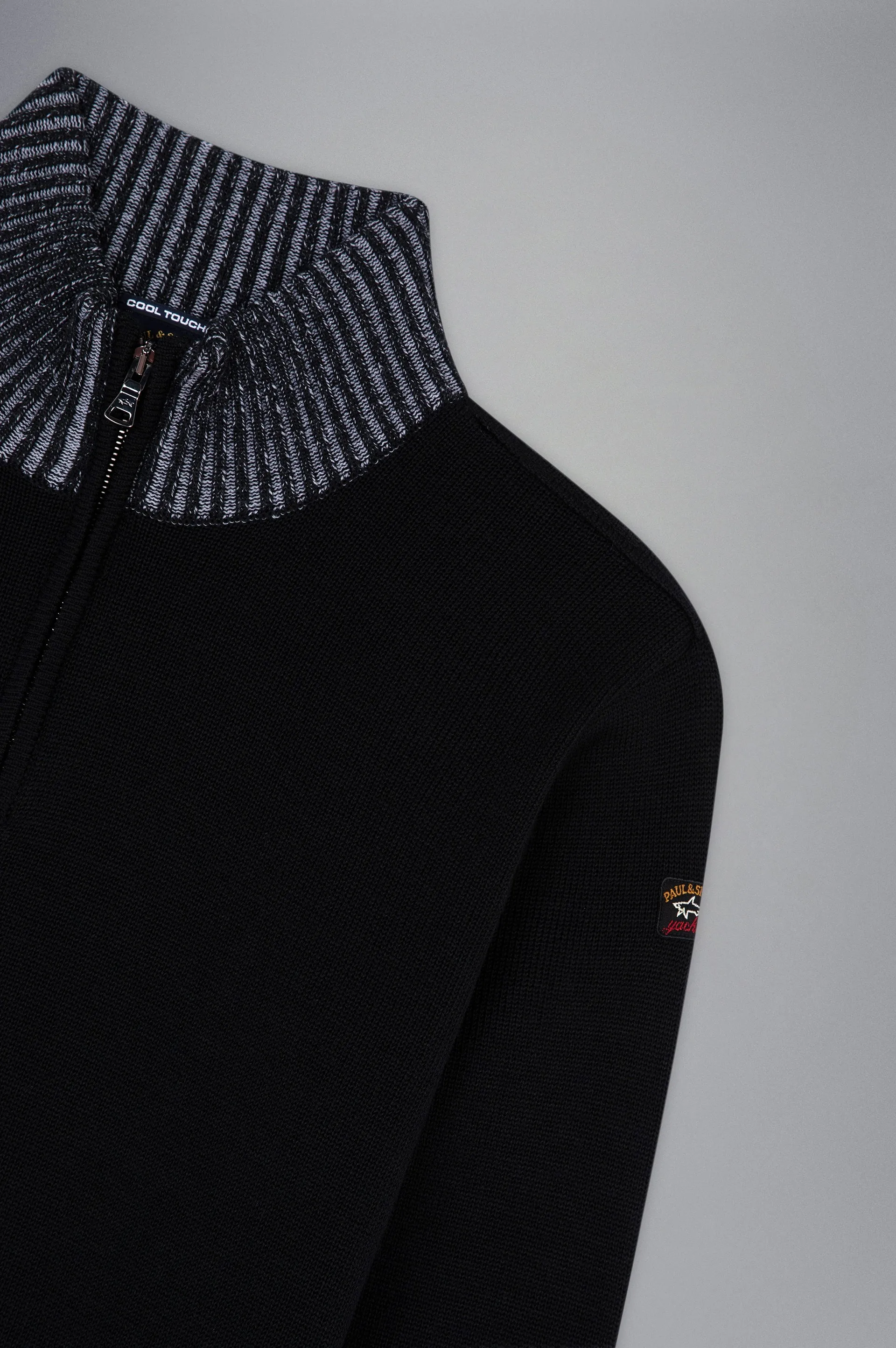 Cool Touch 4.0 Wool Zip Sweater with Contrast Rib in Black