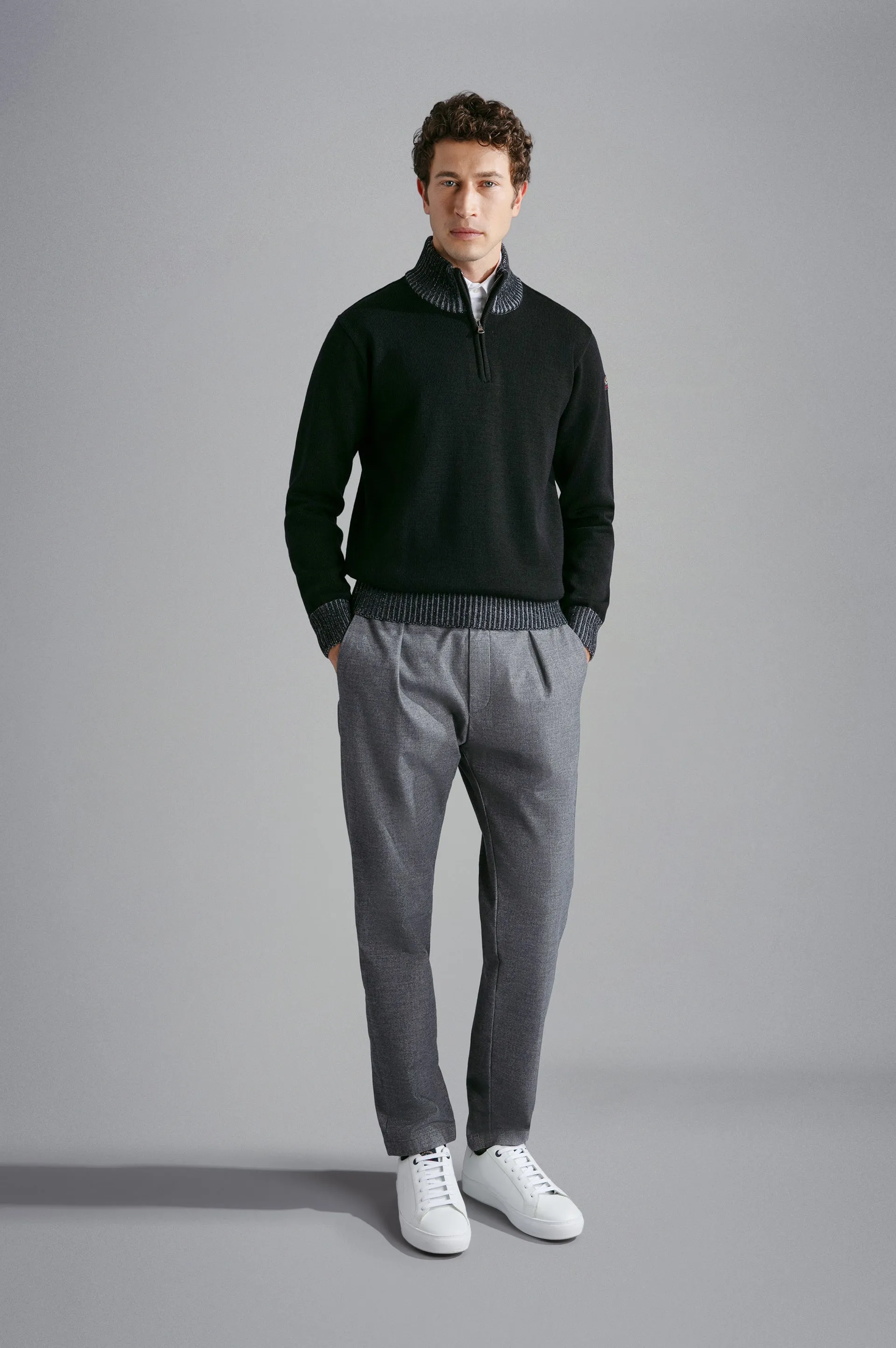 Cool Touch 4.0 Wool Zip Sweater with Contrast Rib in Black