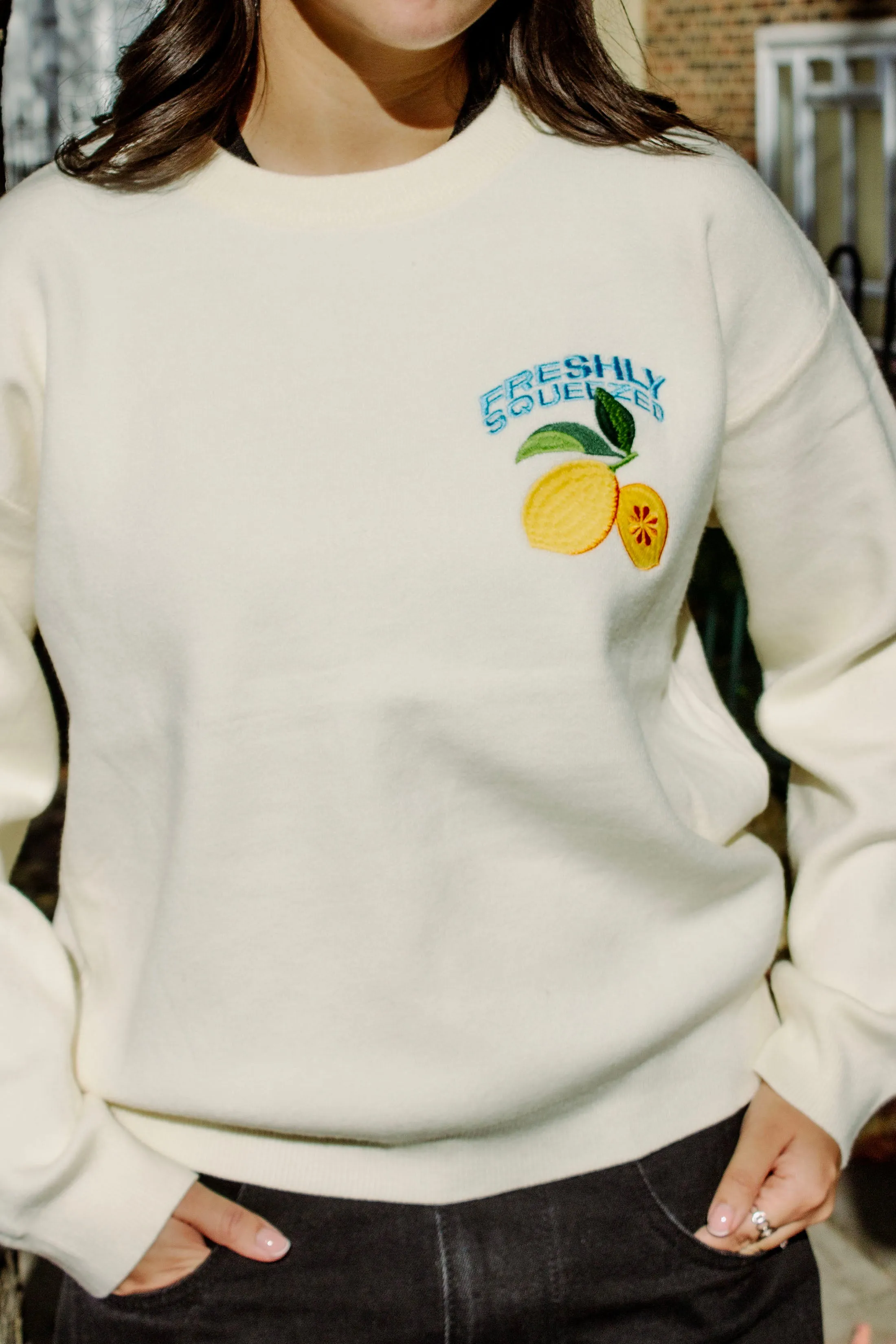Cream Lemon Embroidered Knit Jumper