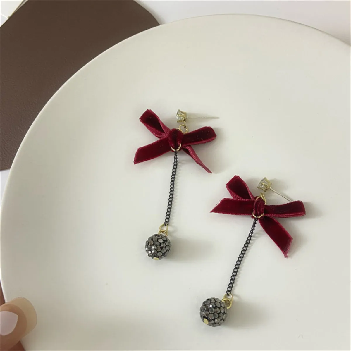 Cubic Zirconia & Red Velvet Two-Tone Bow Drop Earrings
