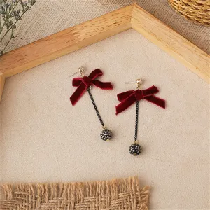 Cubic Zirconia & Red Velvet Two-Tone Bow Drop Earrings