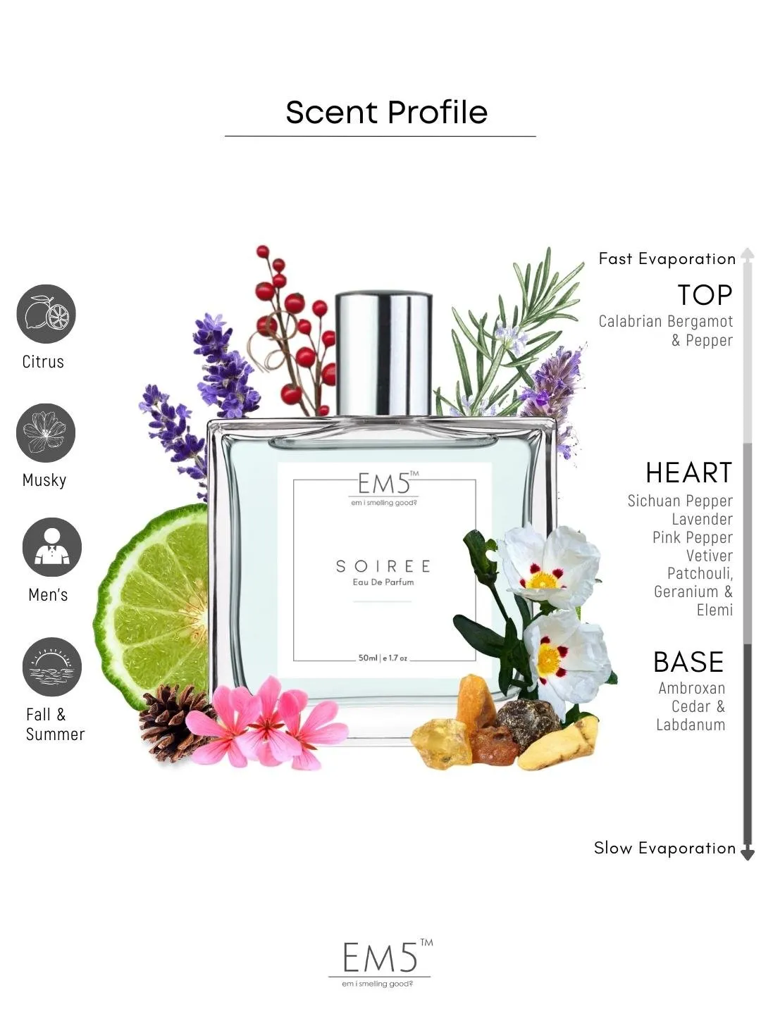 EM5™ Soiree Perfume EDP Spray for Men | Spicy Amber Citrus Fragrance Accords | Luxury Gift for Him | Variants Available: 50 ml Spray / 15 ml Spray