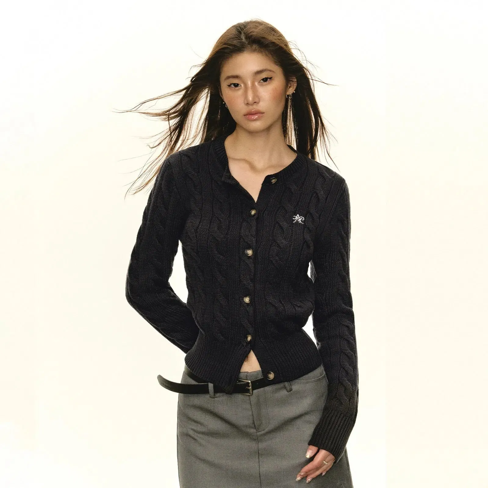 Embroidered Classic Cable Knit Cardigan