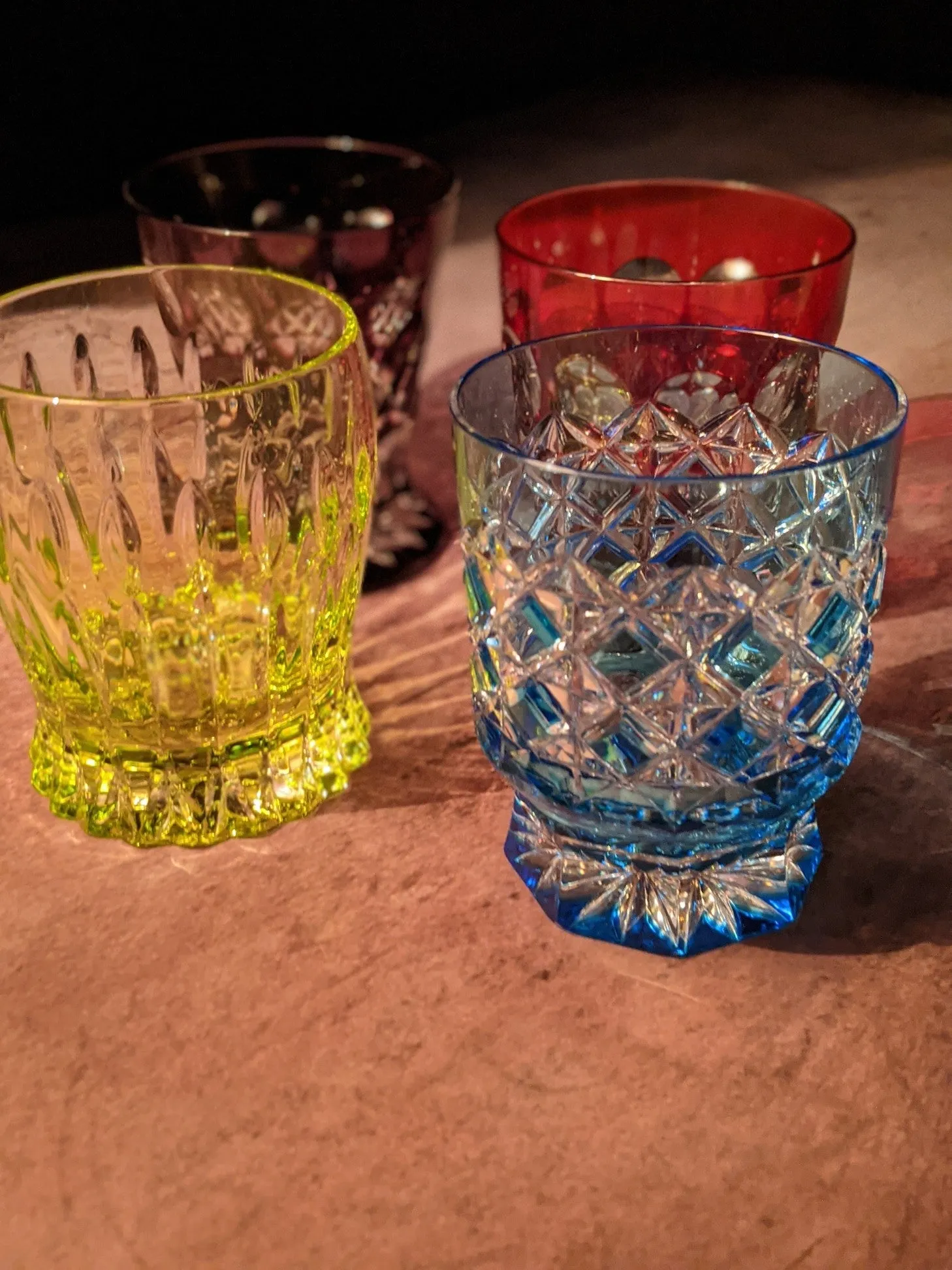 Faberge Crystal Colored Whiskey Glasses Set of 4 NIB