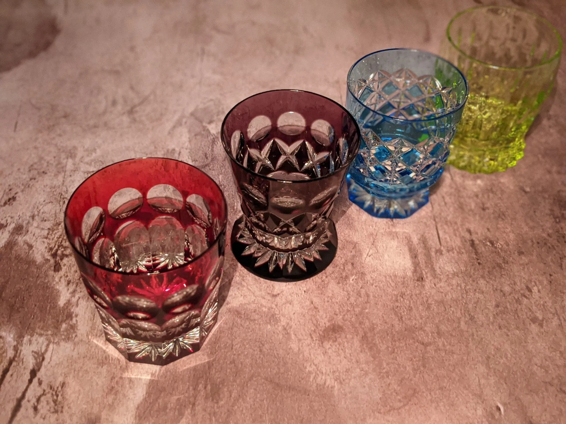 Faberge Crystal Colored Whiskey Glasses Set of 4 NIB