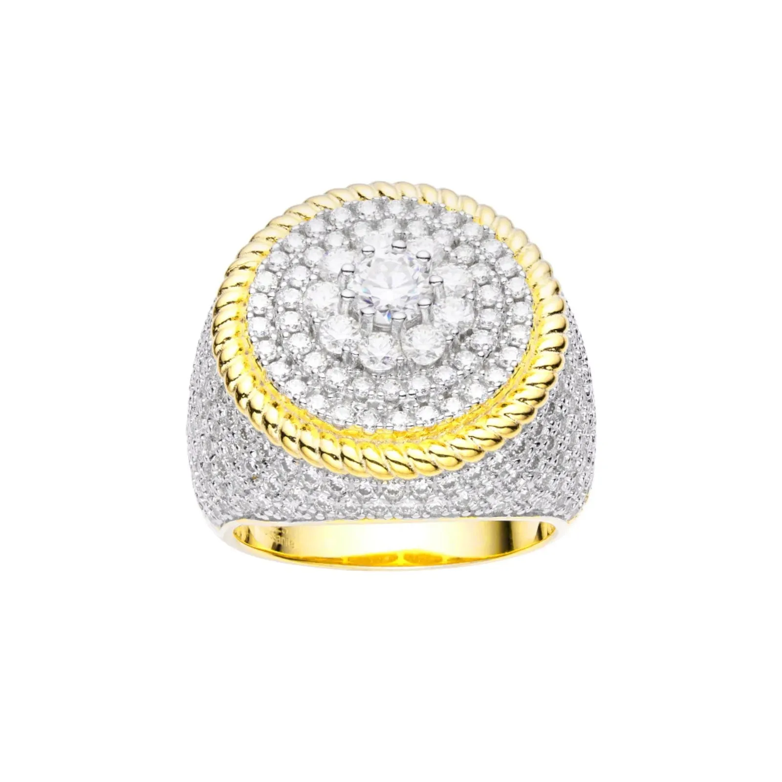 Gold Tone Moissanite Diamond Round Cluster Iced 925 Ring