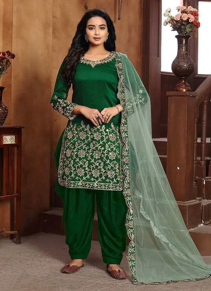 Green Embroidered Classic Punjabi Suit