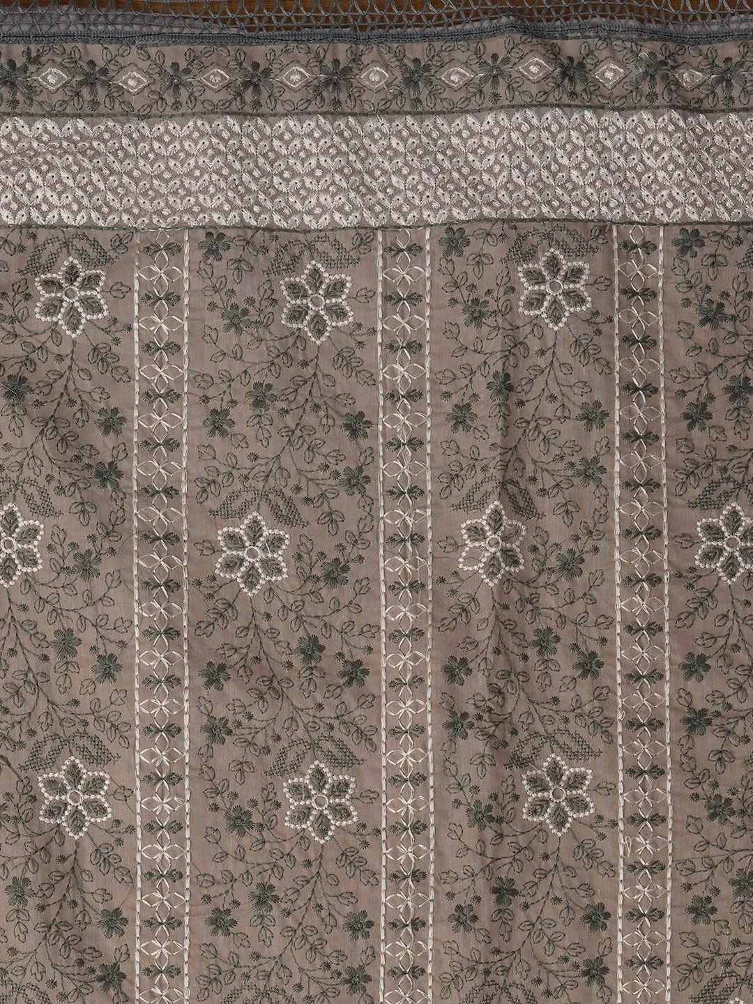 Grey Unstitched Embroidered Pure Cotton Dress Material With Dupatta