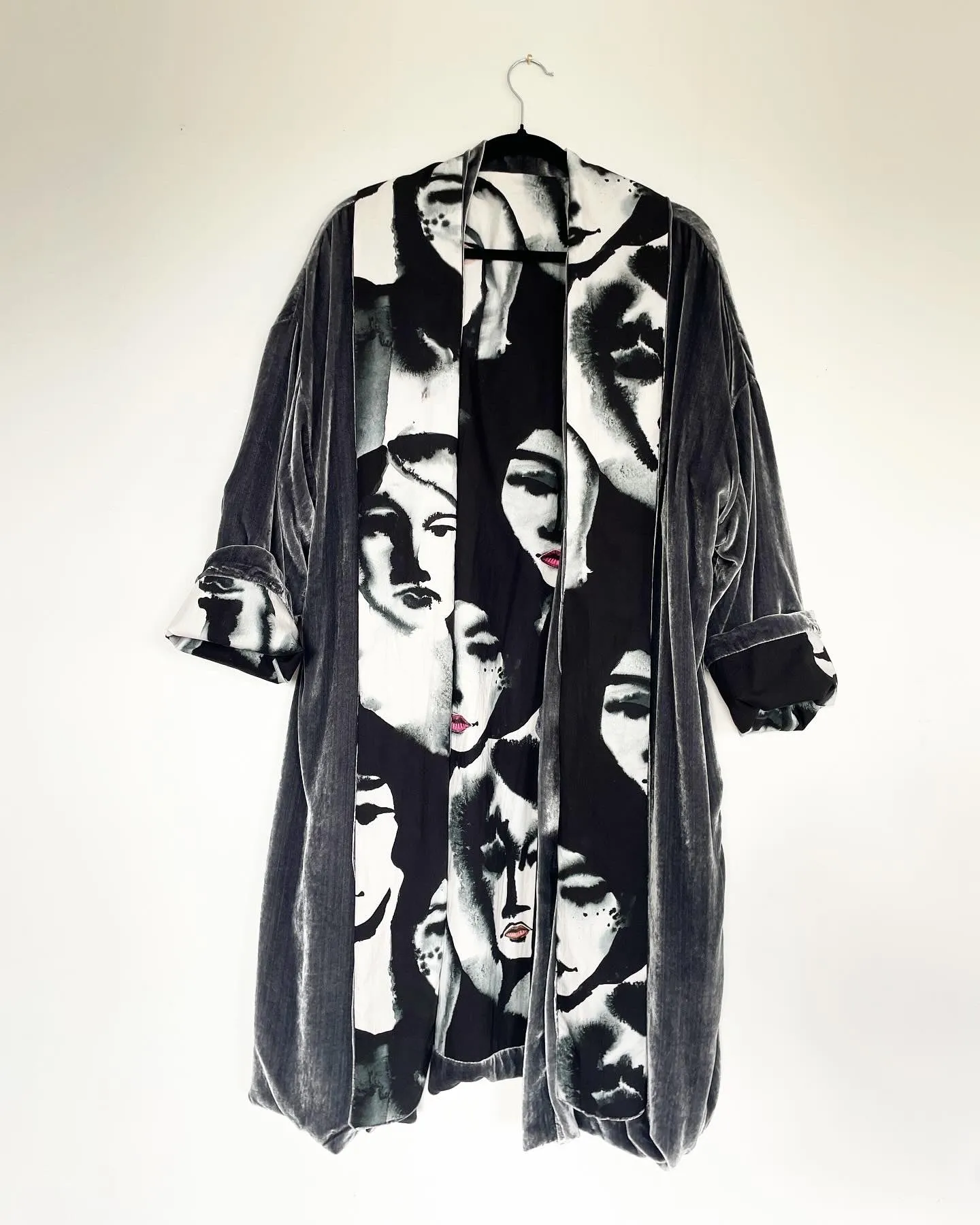 Grey Velvet Caftan with Eyes and Lips Artwork