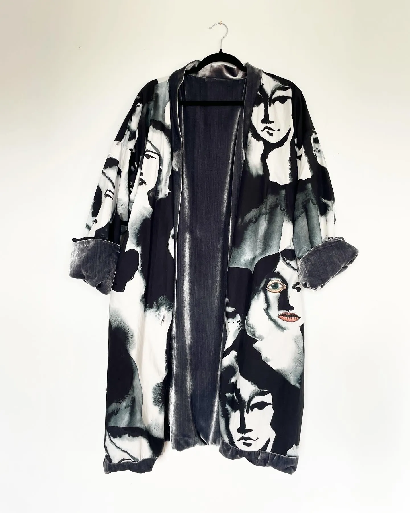 Grey Velvet Caftan with Eyes and Lips Artwork