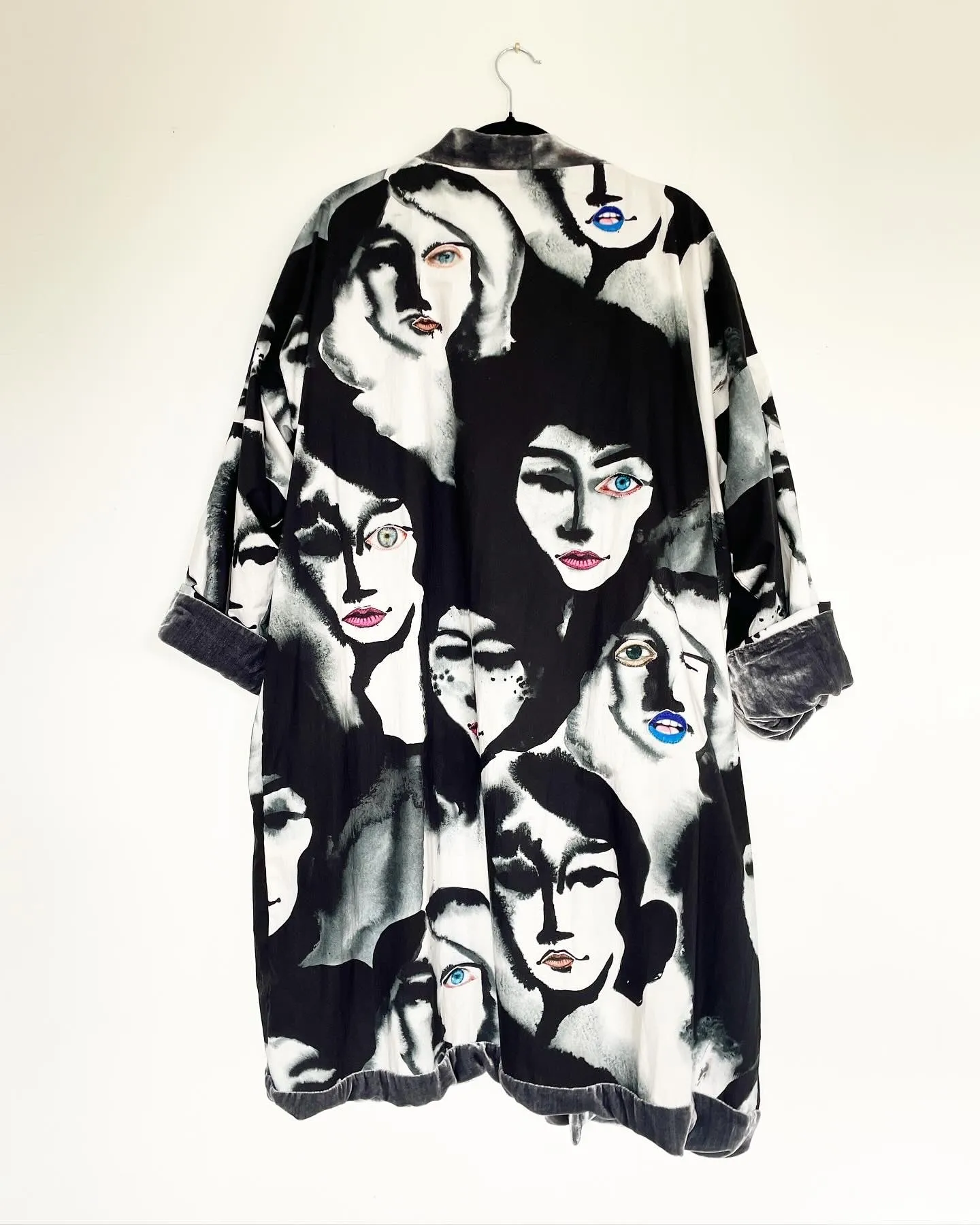 Grey Velvet Caftan with Eyes and Lips Artwork