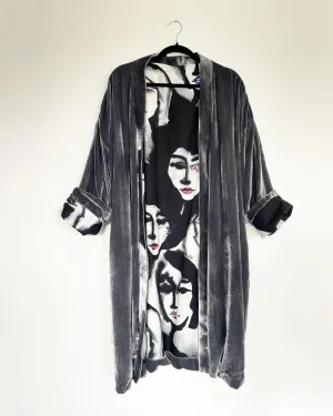 Grey Velvet Caftan with Eyes and Lips Artwork